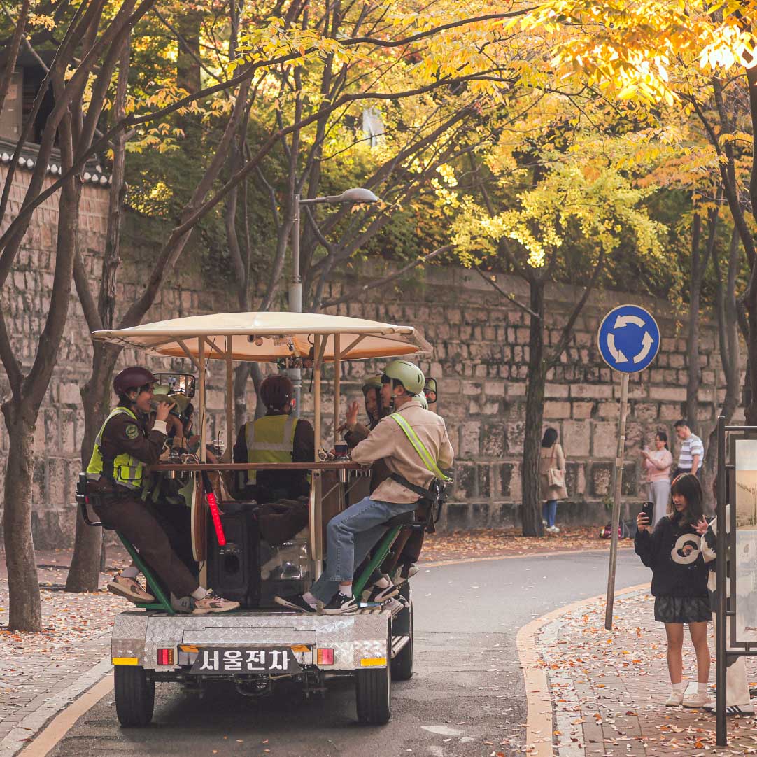 Back view of the Seoul Tram riding through a quiet, tree-lined alley in autumn. 首尔电车在秋意浓浓的静谧小巷中行驶的背影。